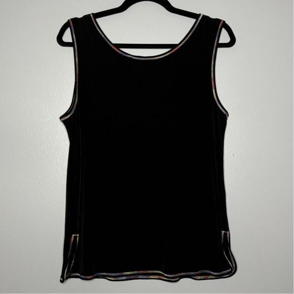 Chicos Travelers SZ 2 (12-14) Tank Black Rainbow Stitching Round Hem Slit Slinky - Picture 6 of 6